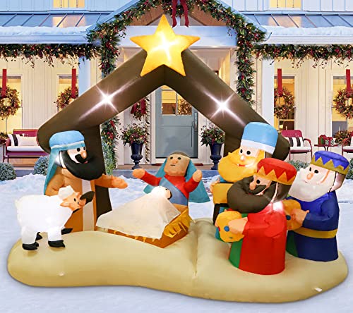 Inflatables Nativity Scene Outdoor Decorations 6.8FT, Christmas Blow Up Yard Decorations Nativity Sets with 10 LEDs,Larger Inflatable Baby Jesus in Manger Outdoor for Garden Lawn Patio Decorations