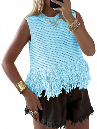 Saodimallsu Womens Crochet Crop Tank Tops Sleeveless Fringe Crew Neck