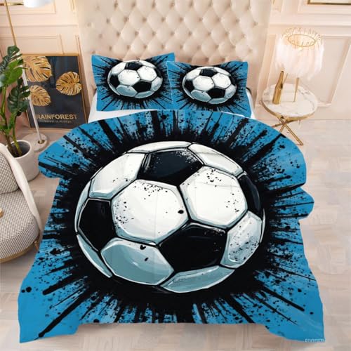Gumntun Couette 160x200 cm Ballon de Football Bleu Enfants, Célibataire Couverture Microfibre Imprimée Lavable en Machine, Parure de Lit 4 Saisons Légère Chaud avec 2 Taies d'oreiller
