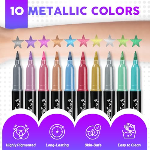 ThEast 10 Colours Halloween Face Paint Pens, Metallic Glitter Body Markers for Skin, Temporary Tattoo Pen for Kids & Adults - Makeup for Party, Festival Essentials - Image 2