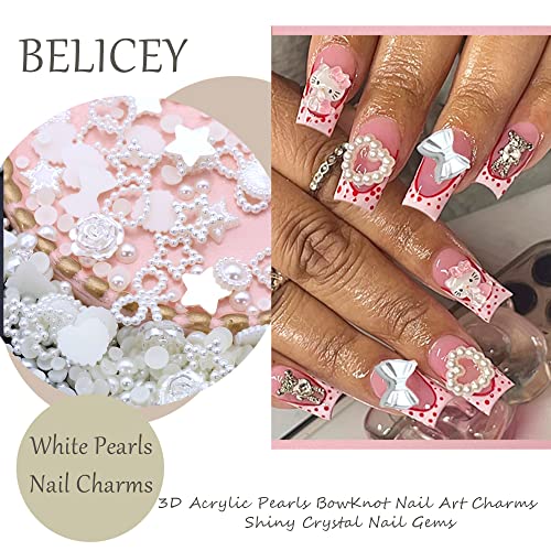 Belicey 600Pcs Creamy-White Pearls Heart Nail Art Charms Mixed Flatback Pearls Bowknot Star For Nails Design Cute 3D Acrylic Pearls Flowers Nail Charms For Manicure Diy Crafts Jewelry Accessories #TOP4