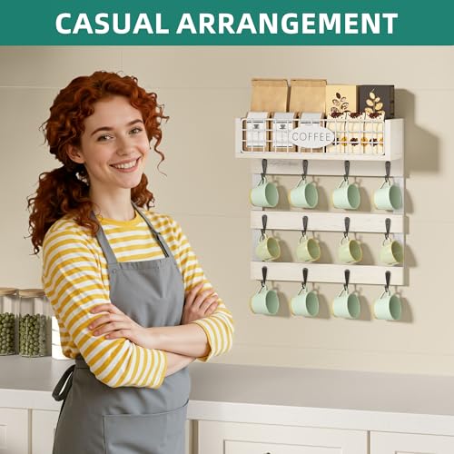 YITAHOME Soporte para tazas montado en la pared con 12 ganchos, estante de almacenamiento de metal con pasamanos, organizador de tazas blanco para cocina, comedor y barra de café - imagen 5