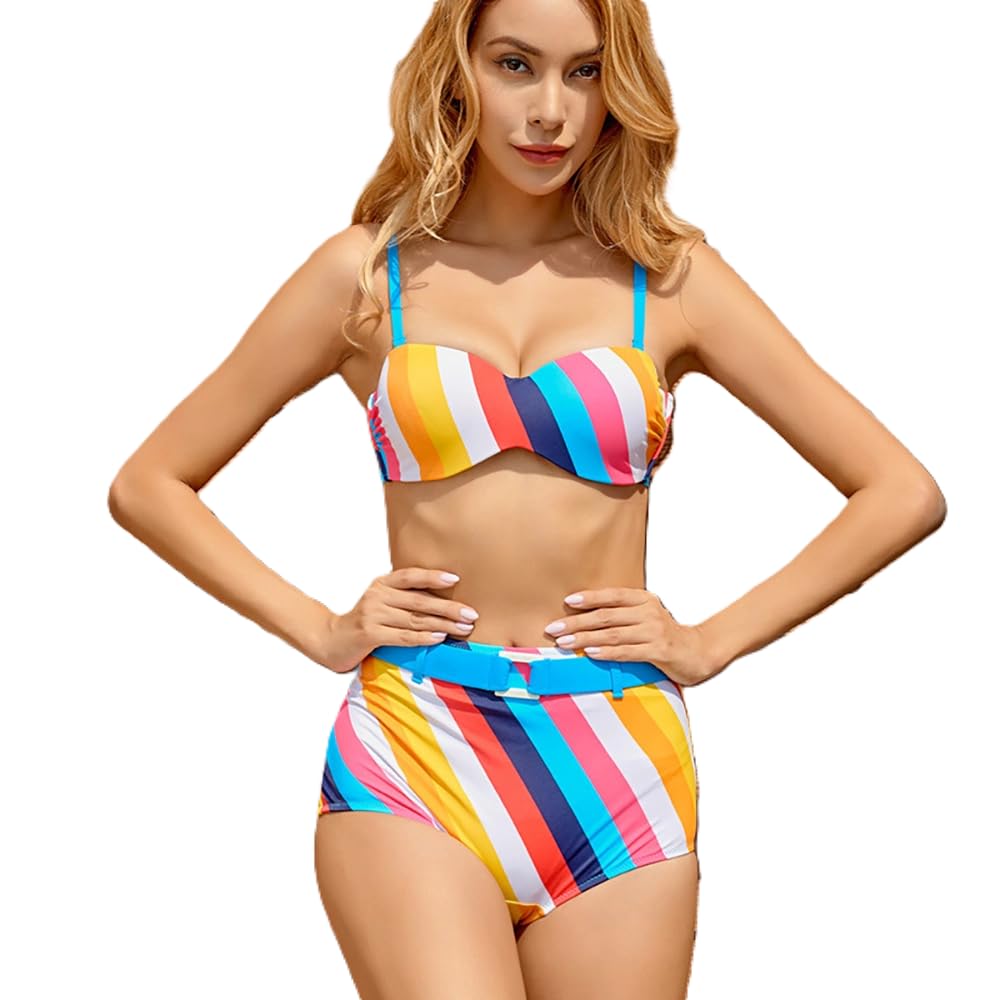 Colorful Rainbow Striped High Waisted Bikini Set with Bandeau Top and Shorts, Two Piece Swimsuit-image-7