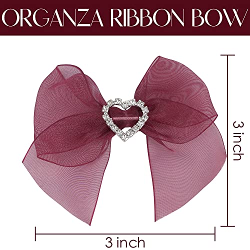 Aimudi Pre-Tied Burgundy Organza Bows With Rhinestone 3" Maroon Ribbon Bows With Heart Diamante Burgundy Bows For Gift Wrapping Small Bows For Crafts Wedding Embellishment Shower Party Favors - 12 Pcs #TOP1