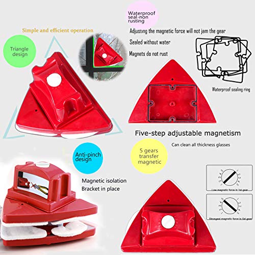 Fcare Magnetic Window Cleaner, Double-Sided Window Cleaning Brush Glass Wiper Cleaning Tools, Outside Window Cleaner, 5-Gear Adjustable For High Rise Window Cleaning Windows Thickness 0.3"-1.2" (Red) #TOP3