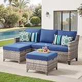 Buenhomino 3 Pieces Patio Furniture Sofa Set-Outdoor Wicker Patio Furniture Covered Couch with Multifunctional Ottoman and All-Weather Patio Conversation Set for Backyard Porch Garden Grey/Blue