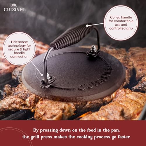 Image of Cast Iron Skillet + Grill Press + Scraper Set - 12 inch-inch Pre-Seasoned Frying Pan + Silicone Handle Grip - 7 inch Round Burger Smasher - Indoor /Outdoor, Stove, Oven, Grill, Induction Kitchen Cookware