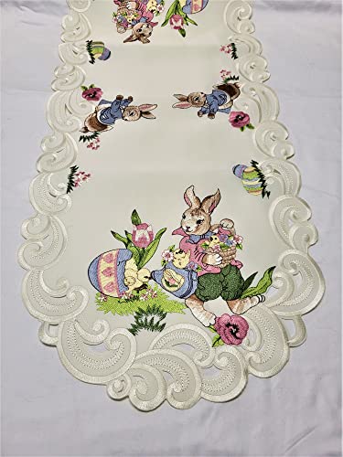 Doily Boutique Easter Table Runner With Easter Bunny And Eggs On Ivory Material Size 44 X 15 Inches #TOP5