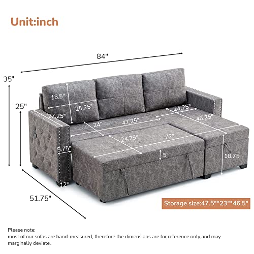 Runwon Bed 84" Sectional Sofa With 2 Usb Charger,3 Seats Sofabed With Storage Chaise,L Shaped Sleeper Couch For Living Room Apartment, Gray #TOP1