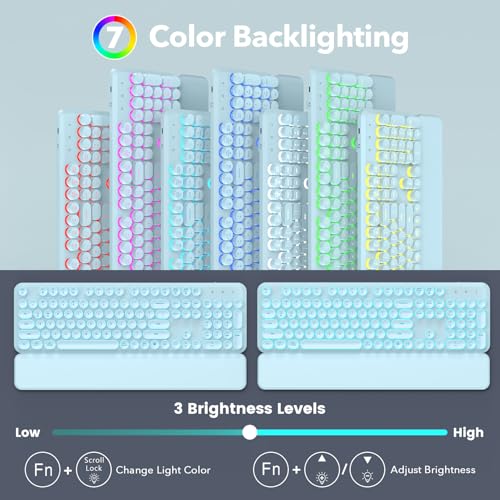 Image of Wireless Keyboard and Mouse Combo, Backlit Round Keycaps, Retro Typewriter Keyboard with Detachable Wrist Rest, Rechargeable & Tilt Legs, 2.4GHz Cordless Connection for Windows /PC (Glowing Blue)