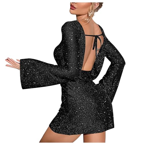 sequin long sleeve bodycon lace-up back mini dress Janine Lace-Up Long Sleeve Bodycon Sequin Mini Dress
