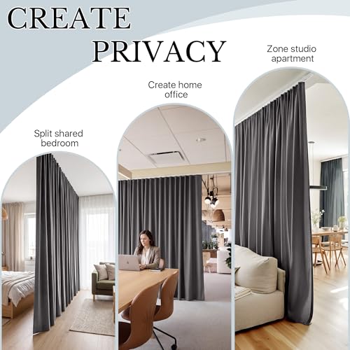 Image of RYB HOME Room Divider Curtains with Flexible Ceiling Track Wall Mount /Ceiling Mount for Sliding Door, Blackout Floor to Ceiling Drapess with Hooks for Living Room, Grey, W100 x L108, 1 Panel