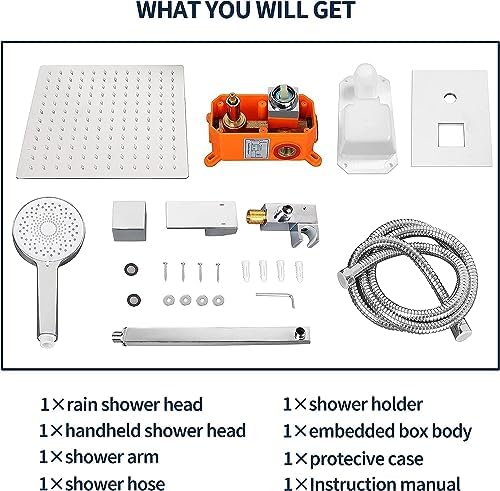 Ronvie Concealed Shower System, Adjustable Temperature Shower Head Set with Hose, High Pressure Bathroom Rainfall Shower Faucet with Valve Body and Trim (30cm Top Spray, Chrome)