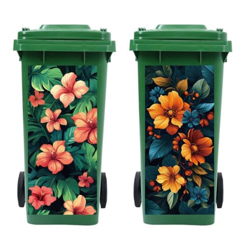 Image of Peacoblue Wheelie Bin Stickers 2 Sheets Flowers and Leaves Sticky Dustbin Stickers Decals, 15 inch x 32 inch Waterproof Large Wraps for Trash Cans Bins Fridges Door Wall Garden Outdoor Indoor Patio Decor
