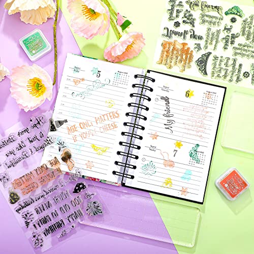 Pajean 4 Sheets Sentiments Rubber Clear Stamps Set for Birthday Card Making and 3 Pcs Acrylic Stamp Block Tools with Grid Lines Happy Birthday, Books Stamps Craft Supplies for DIY Scrapbooking
