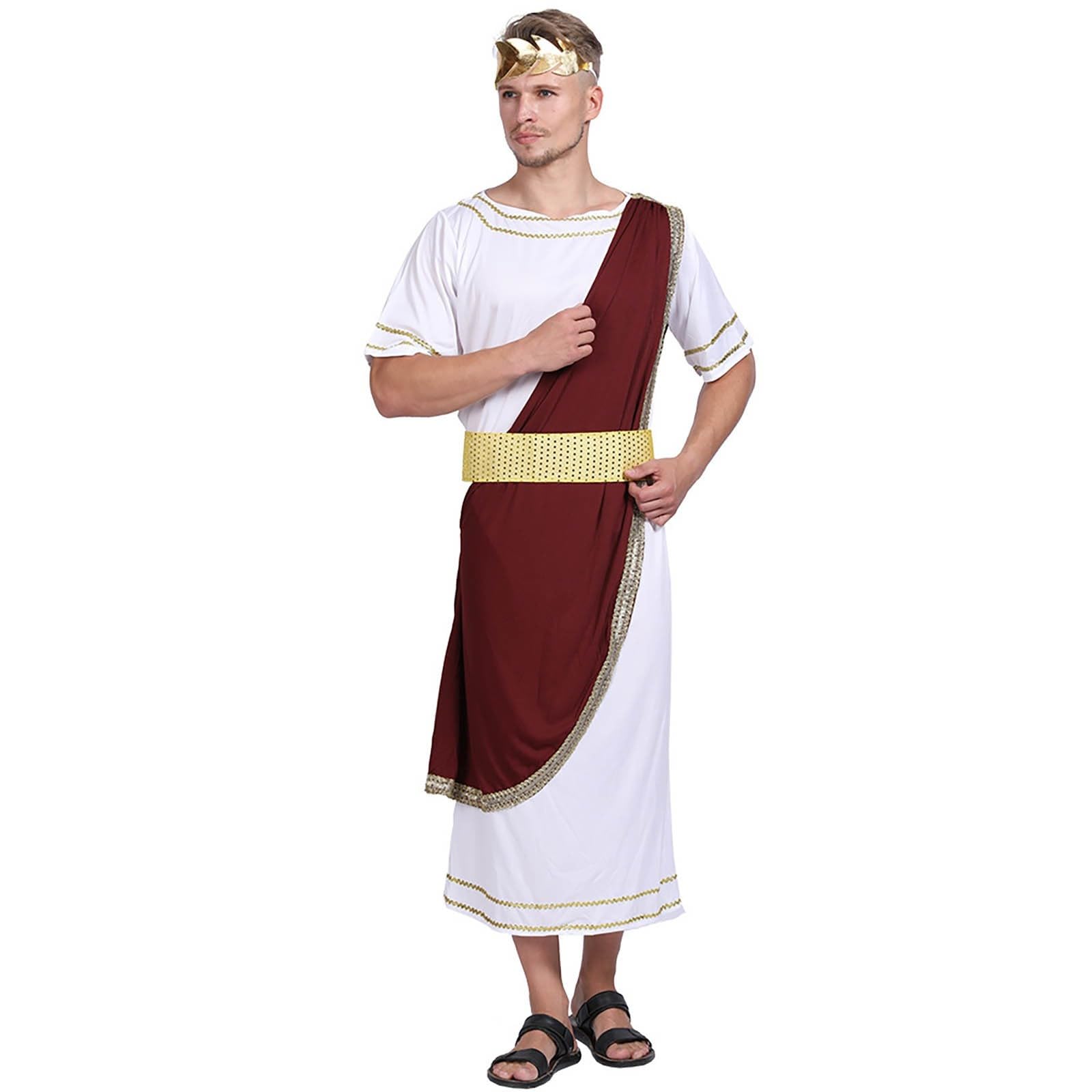 Men's Roman Senator Costume, Classic Ancient Greek Toga Outfit with Red Sash & Gold Trim