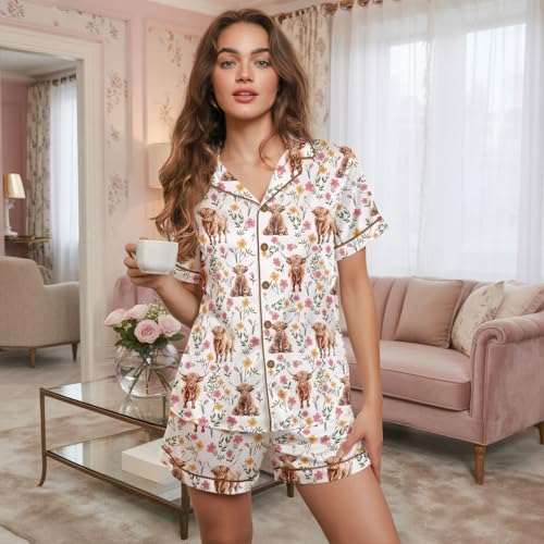 Image of Women 2PCs Satin Pajama Set Short Sleeve Silk Feel Gift Sleepwear