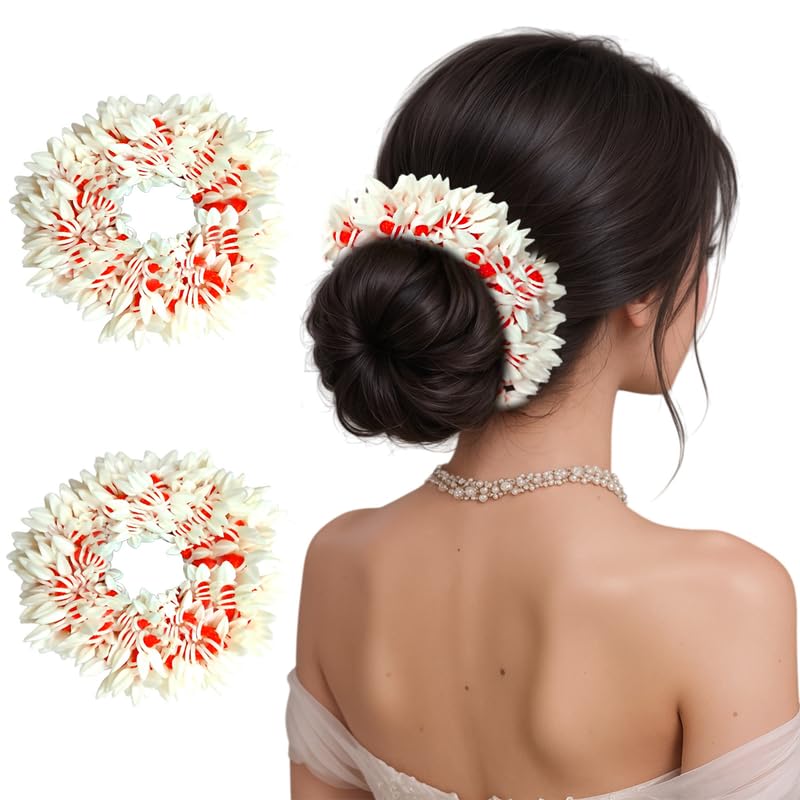 Hair Flare Set of 2 Artificial Mogra Gajra Juda Bun Flowers for Hair | Reusable Floral Hair Accessory with Red Thread for Bridal, Festive & Traditional | Women & Girls Juda Decoration