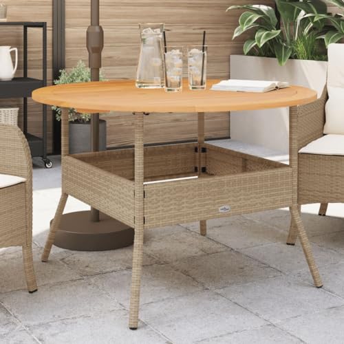 Mesa de Jardín Exterior, Redonda con Tablero de Madera de Acacia, Estructura de Acero y Ratán Sintético, Resistente a la Intemperie, para Terraza, Jardín o Camping, Color Beige, Ø110 x 71 cm