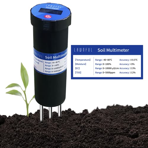 LAWNFUL 4-Way Soil Water Meter for Moisture/TDS/Conductivity/Temperature Test, 4-in 1 Tester with LCD Display for Soil and Water Plant (Work as Moisture & EC & TDS Meter & Thermometer)