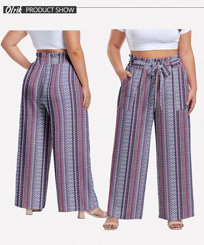 Image of OLRIK Women's Plus Size Pants Adjustable High Waisted Wide Leg Palazzo Pants Casual Trousers with Pockets Spring Clothes