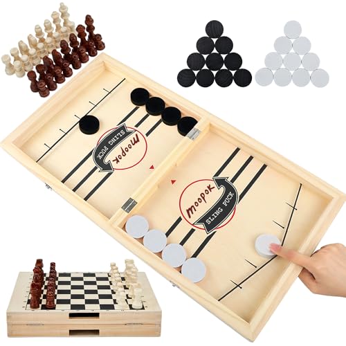 moopok Fast Sling Puck Game - 2 in1 Chess Board and Desktop Battle Super Winner Game Fast Action Wooden Air Hockey Board Game Adults and Kids Family Friend Funny Slingshot Game Toys