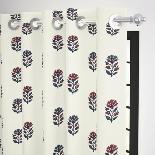 Image of Story@Home Cotton Curtain | Curtains 8 Feet Long Set of 2 | Motif Printed | Bohemian Curtain | Room Darkening | Semi Long Door Curtains for Living Room | (116 X 242 Cm, White & Maroon /Navy Blue)