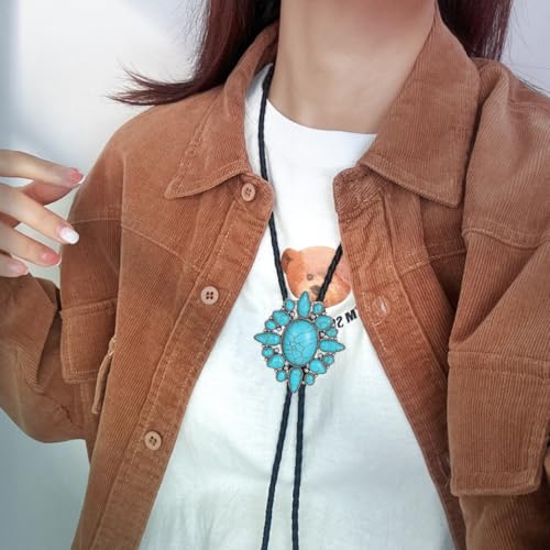 Image of AZORA Western Cowboy Bolo Tie Men Leather Necktie Leather Cord Turquoise Stone Bolo Ties for Men Women