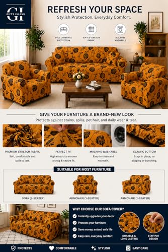Image of Gifts Island Sofa Cover 3 Seater and 2 Seater Fully Covered Universal 5 Seater Sofa Cover Non-Slip Sticky Elastic Stretchable Sofa Set Slipcover Protector for (3+1+1 Seater) (Gold Black Floral)