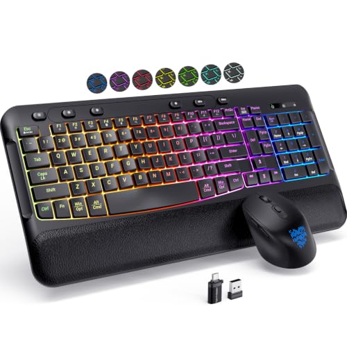 Ergonomic Wave Wireless Keyboard Mouse Combo, 9 RGB Backlit, Silent Keys