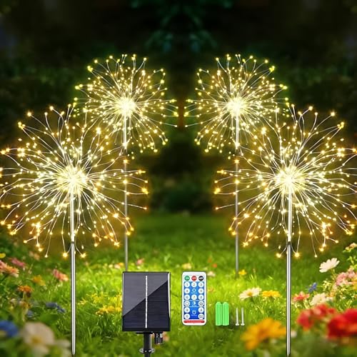 Sunlisky Solarlampen für Außen Garten, 4er Set 120 LED Pusteblume Solarleuchten Warmweiß, IP65 Wetterfest Solar Gartenstecker mit Fernbedienung, Gartenbeleuchtung & Deko für Balkon, Terrasse & Garten