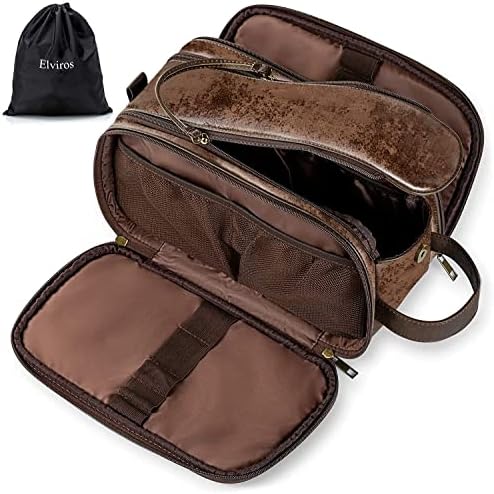 Elviros Toiletry Bag for Men, Large Travel Shaving Dopp Kit Water-resistant Bathroom Toiletries Organizer PU Leather Cosmetic Bags, Dark Coffee, Medium (Pack of 1), Toiletry Bag