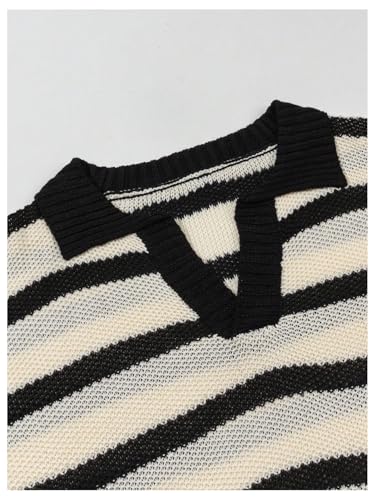 Men's Striped Short Sleeve Golf Sweater Casual Collar Lapel V Neck Knit Pullover Tops4