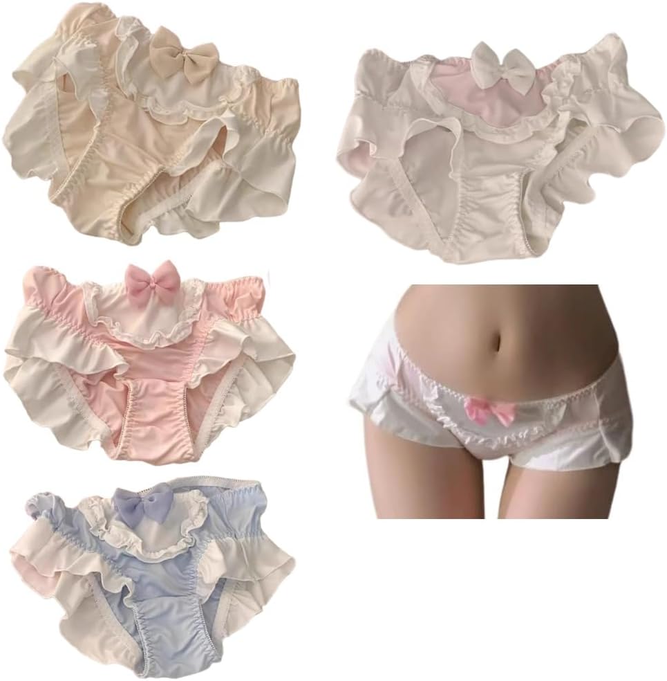 Cute Panties Underwear Bow Lace Soft Girl Sweet Lady Kawaii Candy color Sweet Lolita Bikini Soft Pure Cotton（4 Packs）