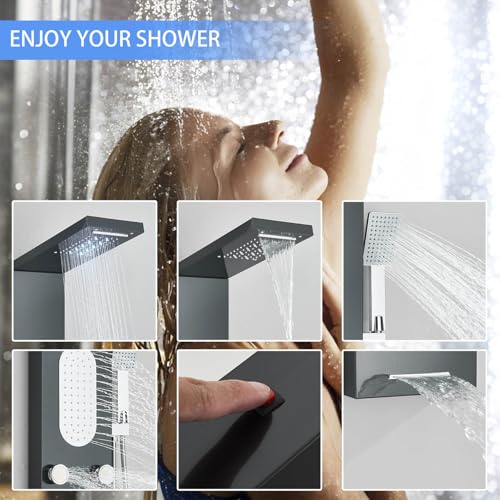 LED Shower Panel Tower System Black, YAGATAP Shower Cloumn Wall Stainless Steel 5-Function Shower Panel Rainfall Waterfall Shower Rain Massage System with Body Jets by YAGATAP - Image 3