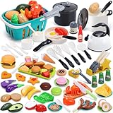 All-in-One Pretend Play Accessories: This toddler kitchen accessories includes almost all needed for a complete play cooking experience. Kids can shop with the basket, chop the cuttable play food with the toy knife, cook in the pressure cooker, fry i...