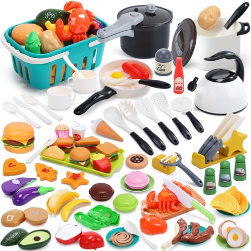 HOLYFUN 74-Pcs Kids Play Kitchen Accessories, Toddler Pretend Cooking Set, Toy Cookwares Set with Toy Pots and Pans, Cutting Play Food, Shopping Basket, Kitchen Gift for Boys Girls