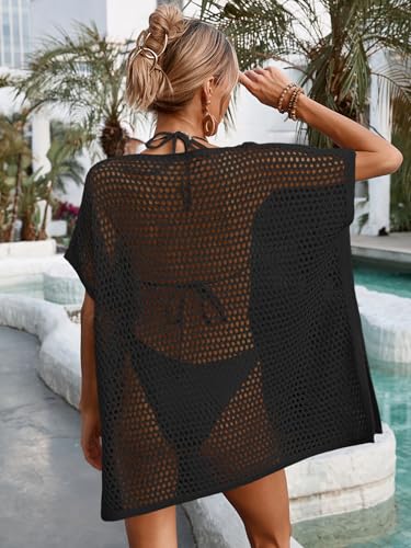 Womens Oversized Crochet Beach Dresses Summer 2025 Scoop Neck Cap Sleeve Bathing Suit Cover Up Mini Dress3