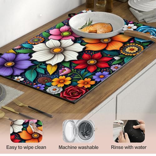 Image of Vibrant Mandala Floral Stove Cover for Electric and Glass Stove Tops 3-in-1 Stove Mat, Heat Resistant Counter Protector Mat, Non-Slip Surface & Drying Rack, 28.5 inchLx20.5 inchW