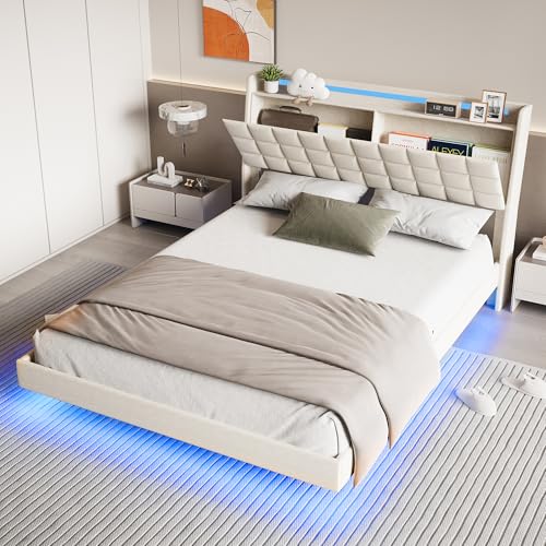 Advwin Double Floating Bed Frame with LED Lights and Storage Headboard, Upholstered Platform Bed with Hidden Storage, No Box Spring Needed, Biege