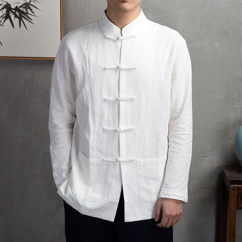 Camisa de lino para hombre estilo chino de manga larga y ajuste holgado 2