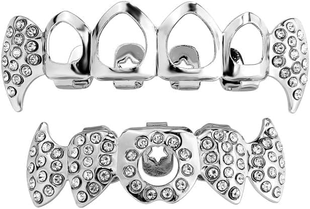 Vampire Teeth Fang Grillz Hollow braces for sharp teeth 14K Gold Silver Plated Hip Hop Fangs Top Bottom Teeth Grills for Men and Women (Silver)