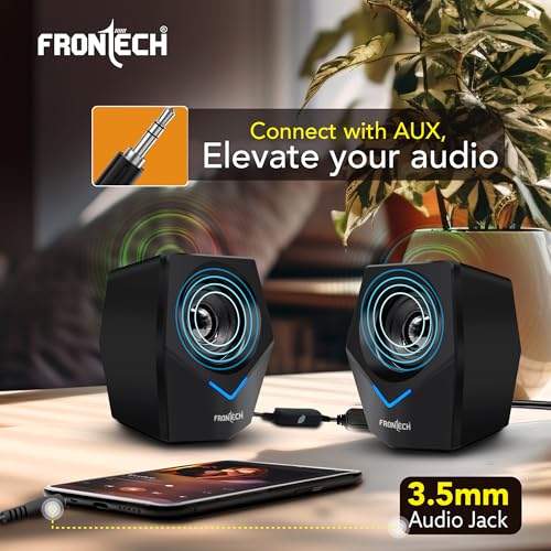 Image of FRONTECH 2.0 Multimedia Speakers: 10W USB-Powered PC /Laptop /Mobile Speakers with 3.5mm AUX & Blue LED Lighting. (SPK-0011)