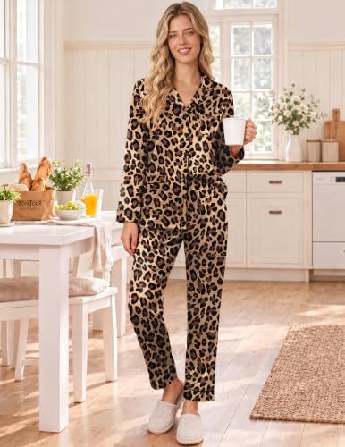 Ekouaer Silk Pajamas for Women Sets Long Sleeve Button Down Pjs Leopard - image 2