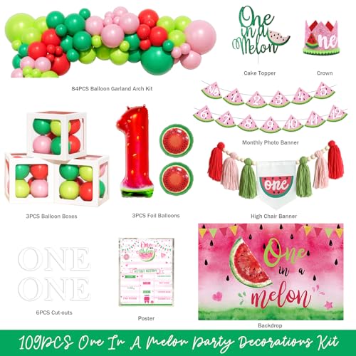 Costova One In A Melon Party Decorations – 109 PCs Watermelon Theme 1st Party Supplies with Watermelon Printed Backdrop, Balloon Garland, Number 1 Foil Balloon, Banner, Cake Topper by Costova - Used condition - Image 2