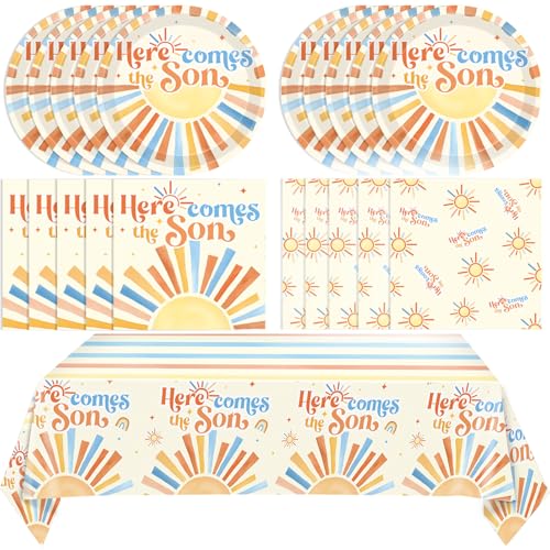 Image of Here Comes The Son Baby Shower Decorations,Boho First Trip Around The Sun Party Supplies,Disposable Dessert Plate,Napkin,Tablecloth for It's A Boy Gender Reveal,Sun You Are My Sunshine Baby Shower