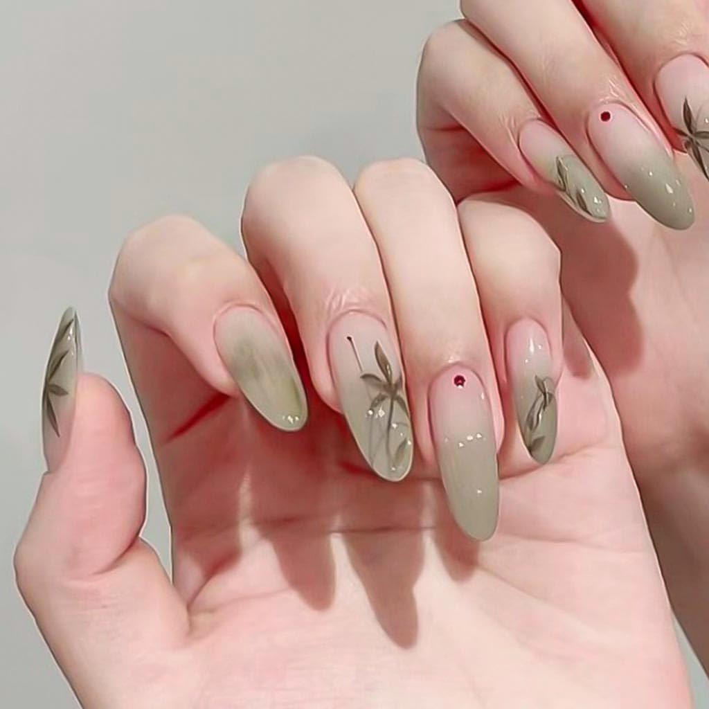 RikView Almond Press on Nails Long Fake Nails Green Nails with Bamboo Design Glossy Full Cover Nails for Women 15 Sizes - 30 PCs/Set