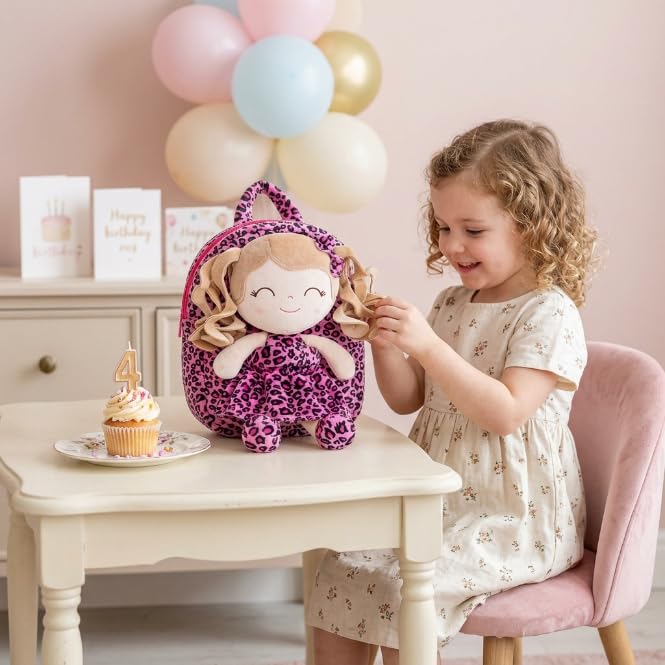 Image of Gloveleya Toddler Girls Backpacks Soft Doll Backpack for Kids Curly Hair Dolls for Girls in Rose Leopard Dress 9 inches