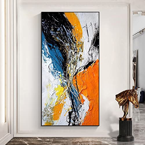 Peinture moderne abstraite orange peinte main 90x180 cm, grand tableau mural contemporain