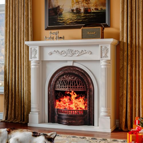 Image of 45 Inch Electric Fireplace with Mantel, Solid Wood Fireplace TV Stand, Roman Column Fireplace Entertainment Center, Electric Fireplace Heater with Bronze Birdcage Insert for Living Room, White